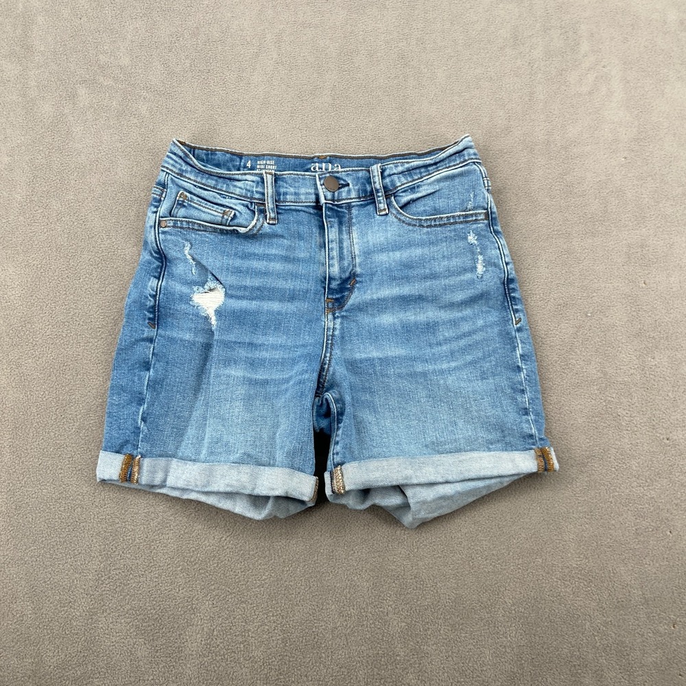a.n.a A New Approach Midi Shorts Women's 4 Blue 5" Inseam High-Rise Distressed